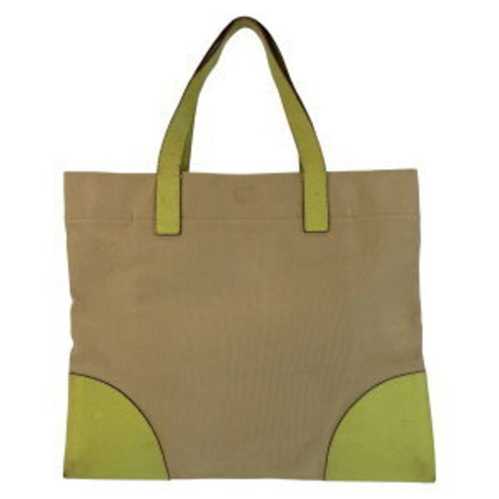 Prada tote logo Tan leather green bag handbag canvas triangular plate Beige